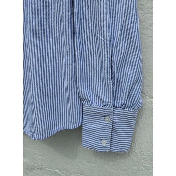 Calligraphie Anthropologie Top Large Blue White Striped Button Up Ivory Crochet - Picture 7 of 13